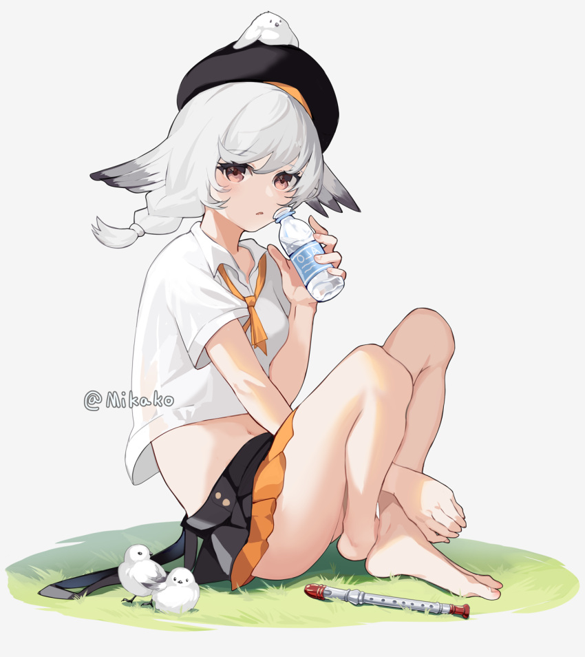 1girl, artist_name, ass, azur_lane, black_skirt, bottle, breasts, brown_eyes, flute, full_body, highres, holding, holding_bottle, instrument, kazagumo_(after-school_melody)_(azur_lane), kazagumo_(azur_lane), looking_at_viewer, microskirt, midriff, mikako, official_alternate_costume, orange_neckwear, shirt, short_sleeves, simple_background, sitting, skirt, small_breasts, solo, white_background, white_bird, white_hair, white_shirt
