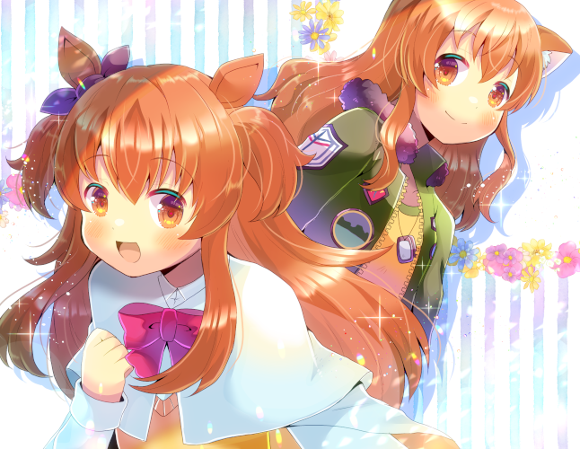 2girls, :d, animal_ear_fluff, animal_ears, bangs, blush, bow, brown_eyes, brown_hair, capelet, closed_mouth, cosplay, costume_switch, crossover, dog_days, ear_ribbon, eyebrows_visible_through_hair, floral_background, fur-trimmed_jacket, fur_trim, green_jacket, hair_between_eyes, horse_ears, horse_girl, jacket, kou_hiyoyo, long_hair, long_sleeves, mayano_top_gun_(umamusume), mayano_top_gun_(umamusume)_(cosplay), multiple_girls, open_clothes, open_jacket, open_mouth, purple_ribbon, red_bow, ribbon, ricotta_elmar, ricotta_elmar_(cosplay), shirt, sleeves_past_wrists, smile, striped, striped_background, sweater_vest, twintails, two_side_up, umamusume, vertical_stripes, very_long_hair, white_background, white_capelet, white_shirt, yellow_shirt