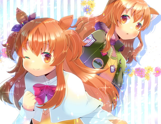 2girls, :o, ;), animal_ear_fluff, animal_ears, bangs, blush, bow
