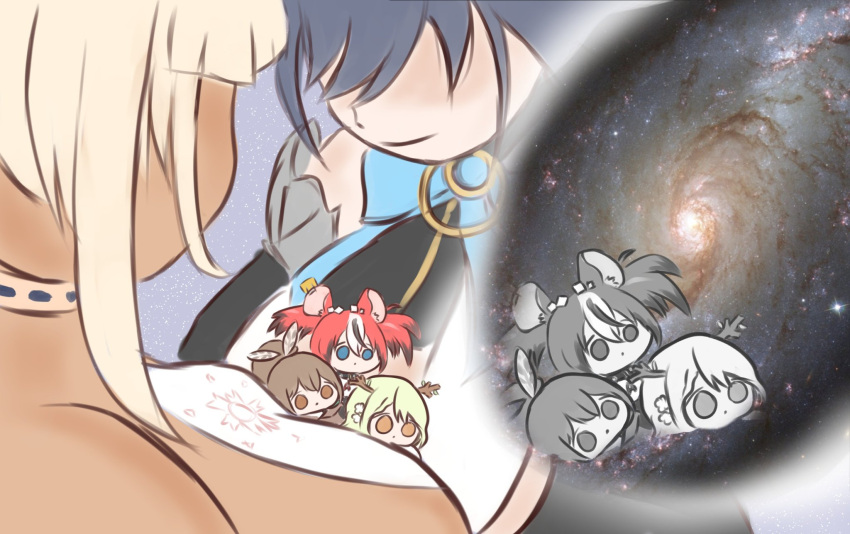 5girls, blonde_hair, blue_hair, brown_hair, ceres_fauna, commentary, english_commentary, giant