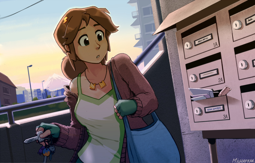 1girl, baba_(baba_is_you), baba_is_you, bag, breasts, brown_cardigan, brown_hair, cardigan