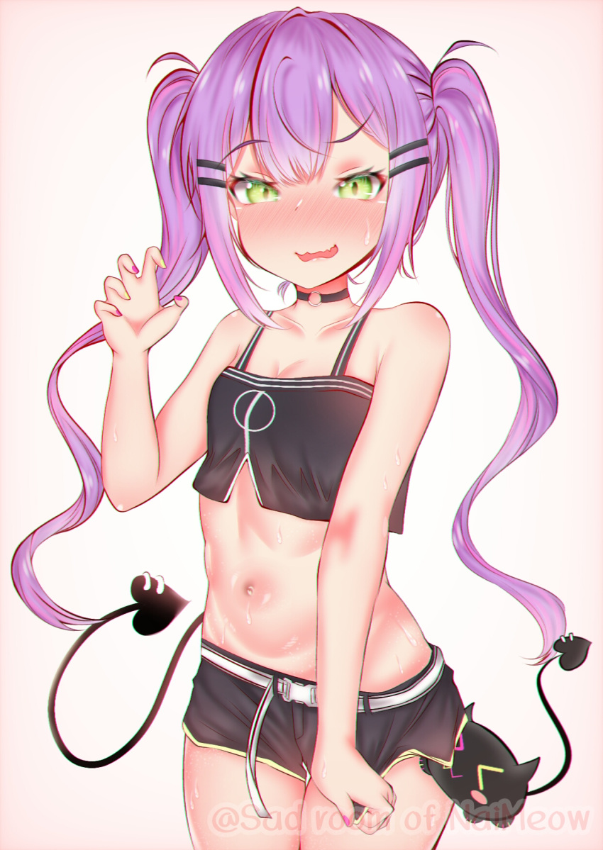 1girl, belt, bibi_(tokoyami_towa), black_choker, black_shorts, black_tank_top, blush, choker