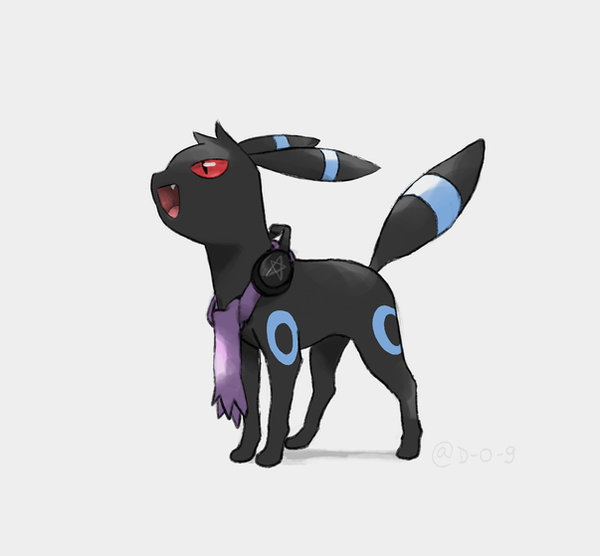 :d, alternate_color, commentary, do9bessa, english_commentary, fang, from_side, full_body, gen_2_pokemon, headphones, no_humans, open_mouth, pokemon, pokemon_(creature), purple_scarf, scarf, shiny_pokemon, smile, solo, standing, tongue, umbreon
