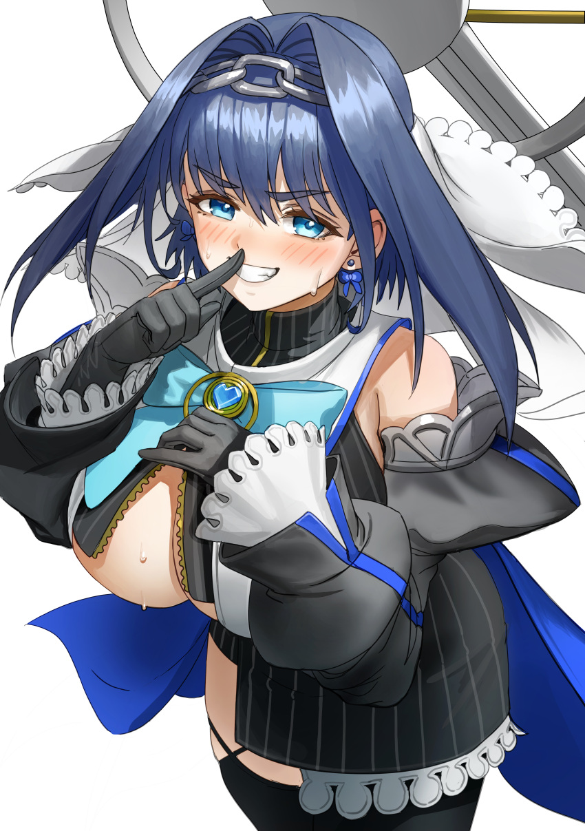 1girl, absurdres, bangs, black_gloves, black_legwear, blue_eyes, blue_hair, blush