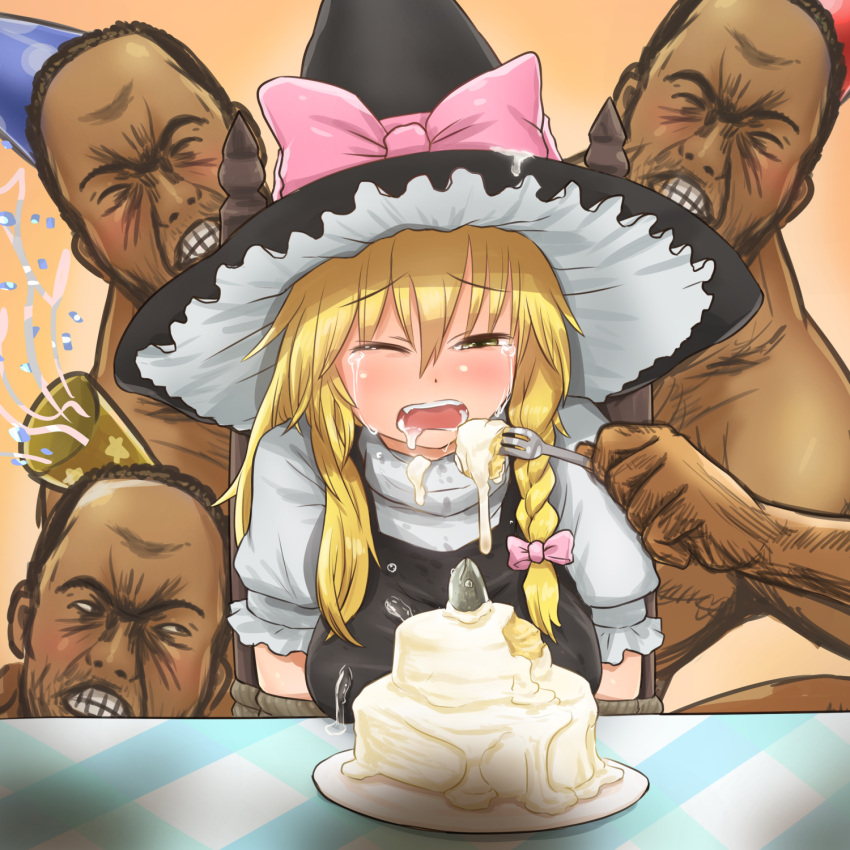 1girl, 3boys, bangs, black_hair, black_headwear, black_vest, blonde_hair, bound