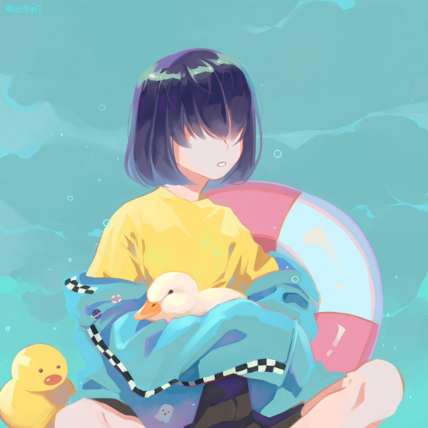 1boy, animal, artist_name, bird, black_hair, black_shorts, blue_background, blue_jacket