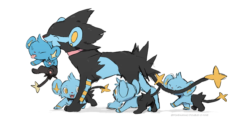 closed_eyes, commentary, do9bessa, fangs, from_side, gen_4_pokemon, luxray, mouth_hold