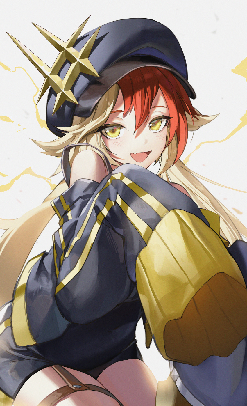 1girl, absurdres, alchemy_stars, bangs, black_headwear, blonde_hair, blush, detached_sleeves