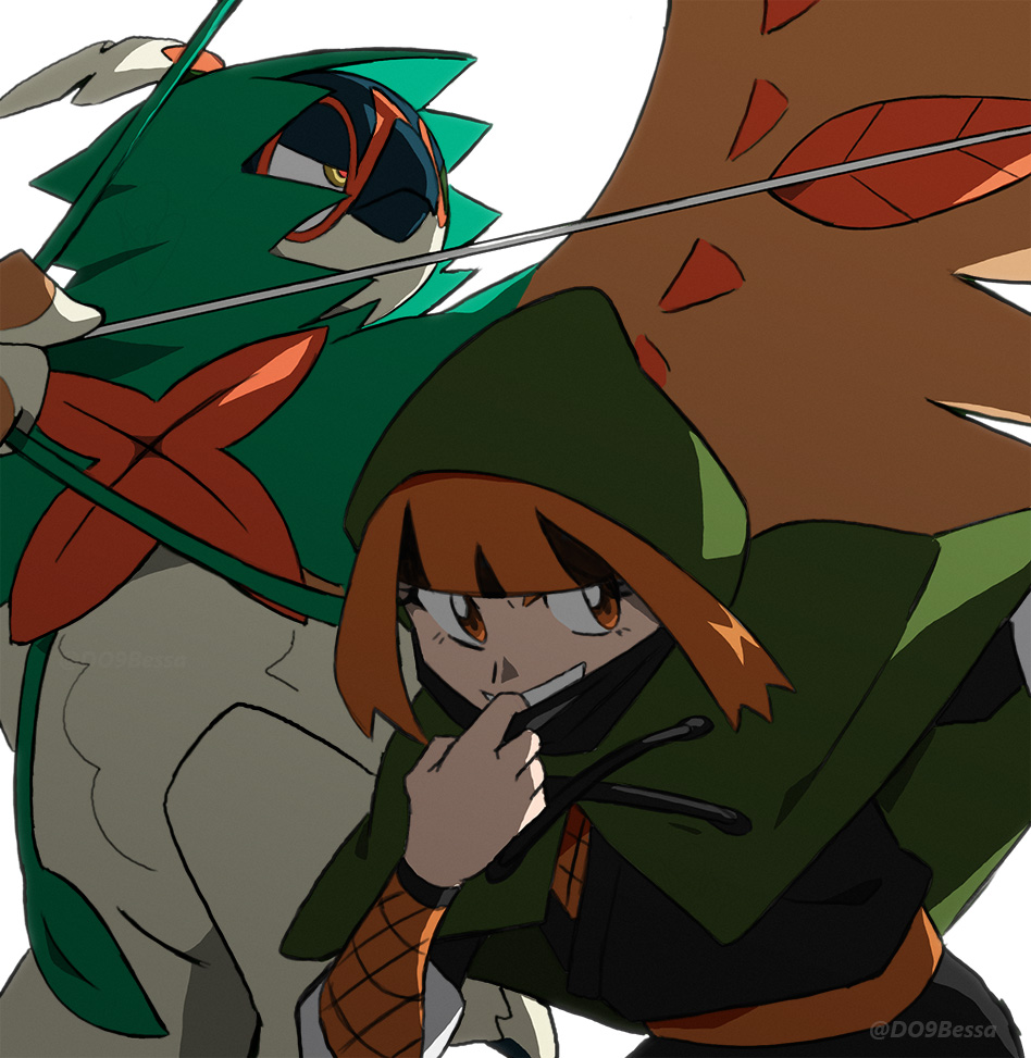 1girl, adapted_costume, arrow_(projectile), black_hair, capelet, commentary, decidueye, do9bessa
