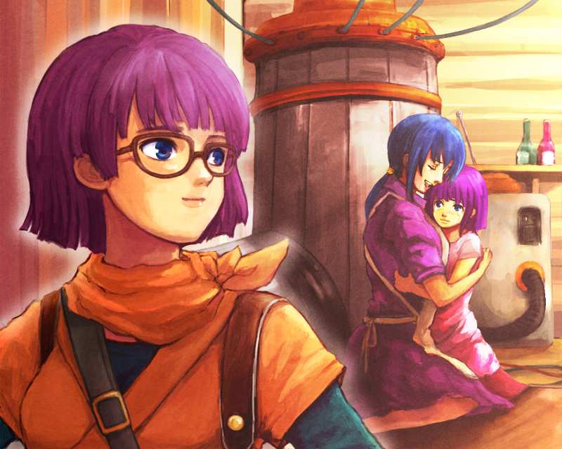 2girls, apron, blue_eyes, blue_hair, chrono_trigger, dress, closed_eyes, female