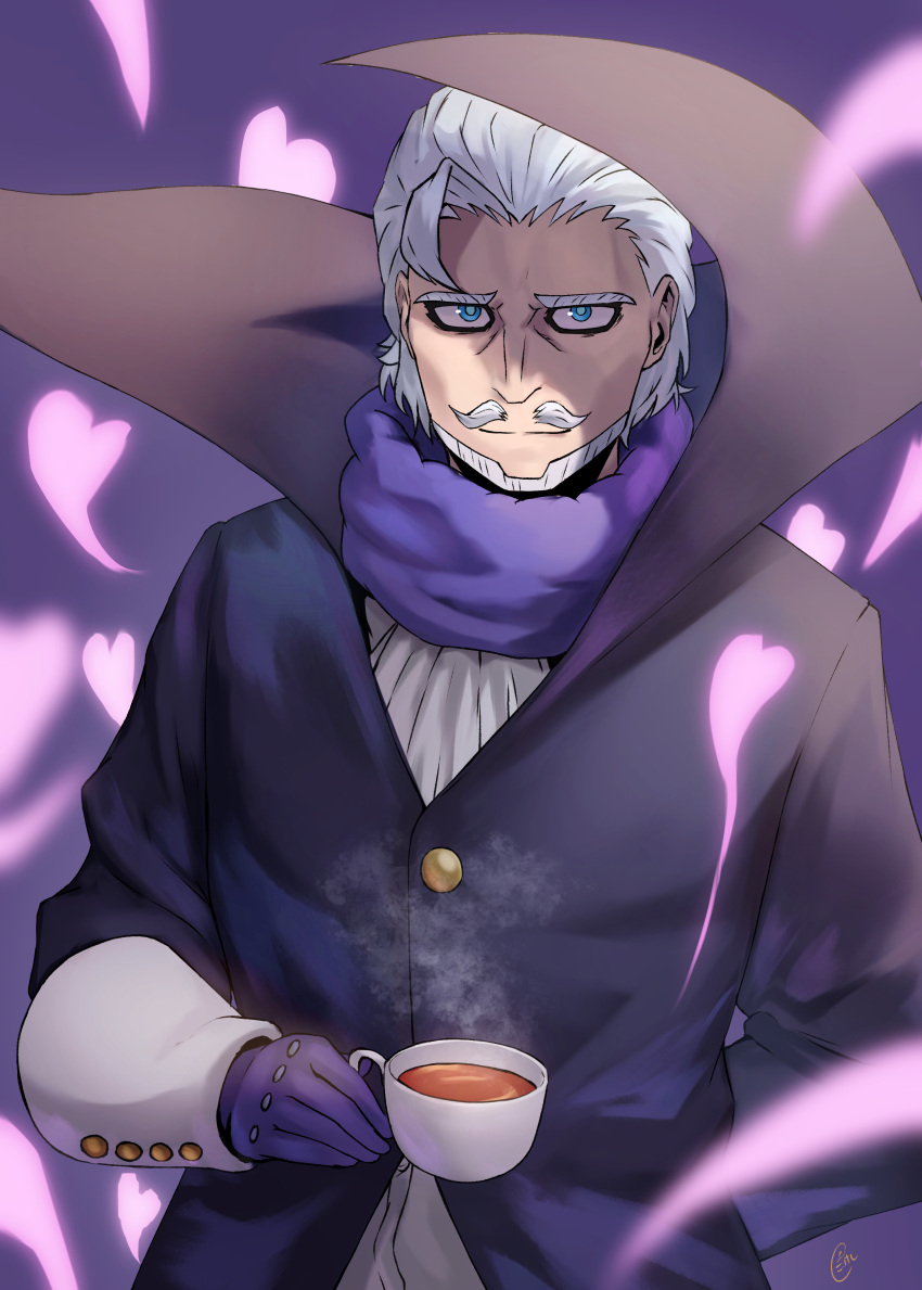 1boy, absurdres, blue_eyes, boku_no_hero_academia, cup, facial_hair, gloves, grey_hair