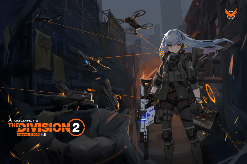 1girl, absurdres, ammunition_pouch, bangs, black_gloves, closed_mouth, elbow_pads, gabafw