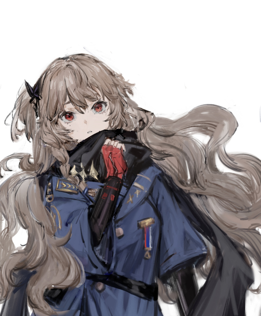 1girl, bangs, black_scarf, blue_jacket, brown_hair, commentary_request, girls_frontline, gloves