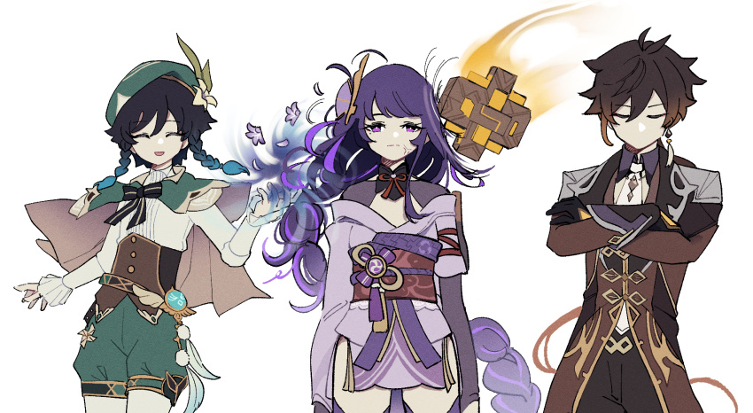 1girl, 2boys, androgynous, anger_vein, armor, bangs, beret, black_gloves