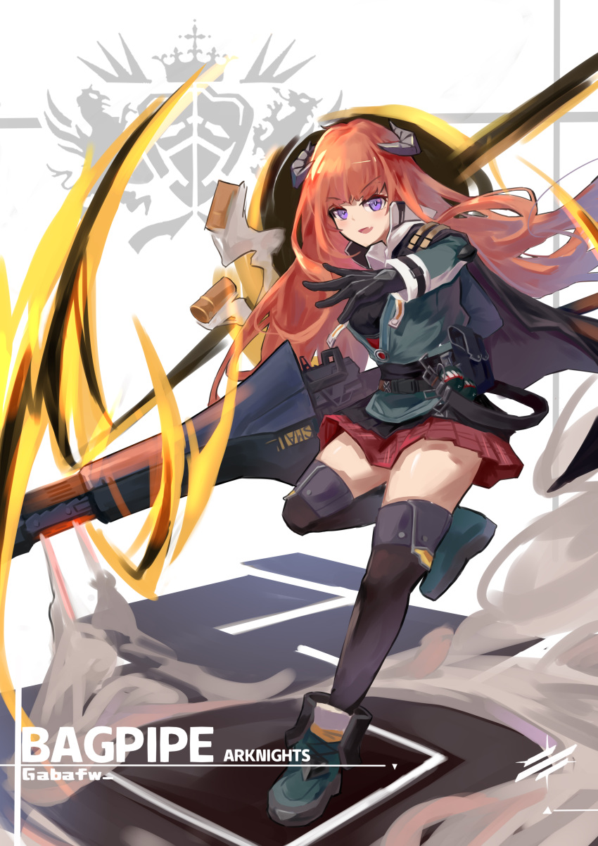 1girl, :d, absurdres, arknights, bagpipe_(arknights), bangs, black_gloves, black_legwear