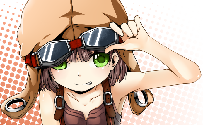 bad_id, ballista_(sekaiju), brown_hair, bust, goggles, green_eyes, green_hair, grin, halftone, halftone_background, sekaiju_no_meikyuu, sekaiju_no_meikyuu_3, short_hair, smile, solo, yuu_(kyuutai_kansetsu)