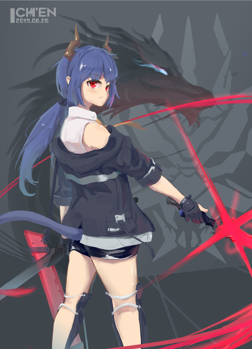 1girl, absurdres, arknights, back, bangs, bare_shoulders, black_gloves, black_shorts