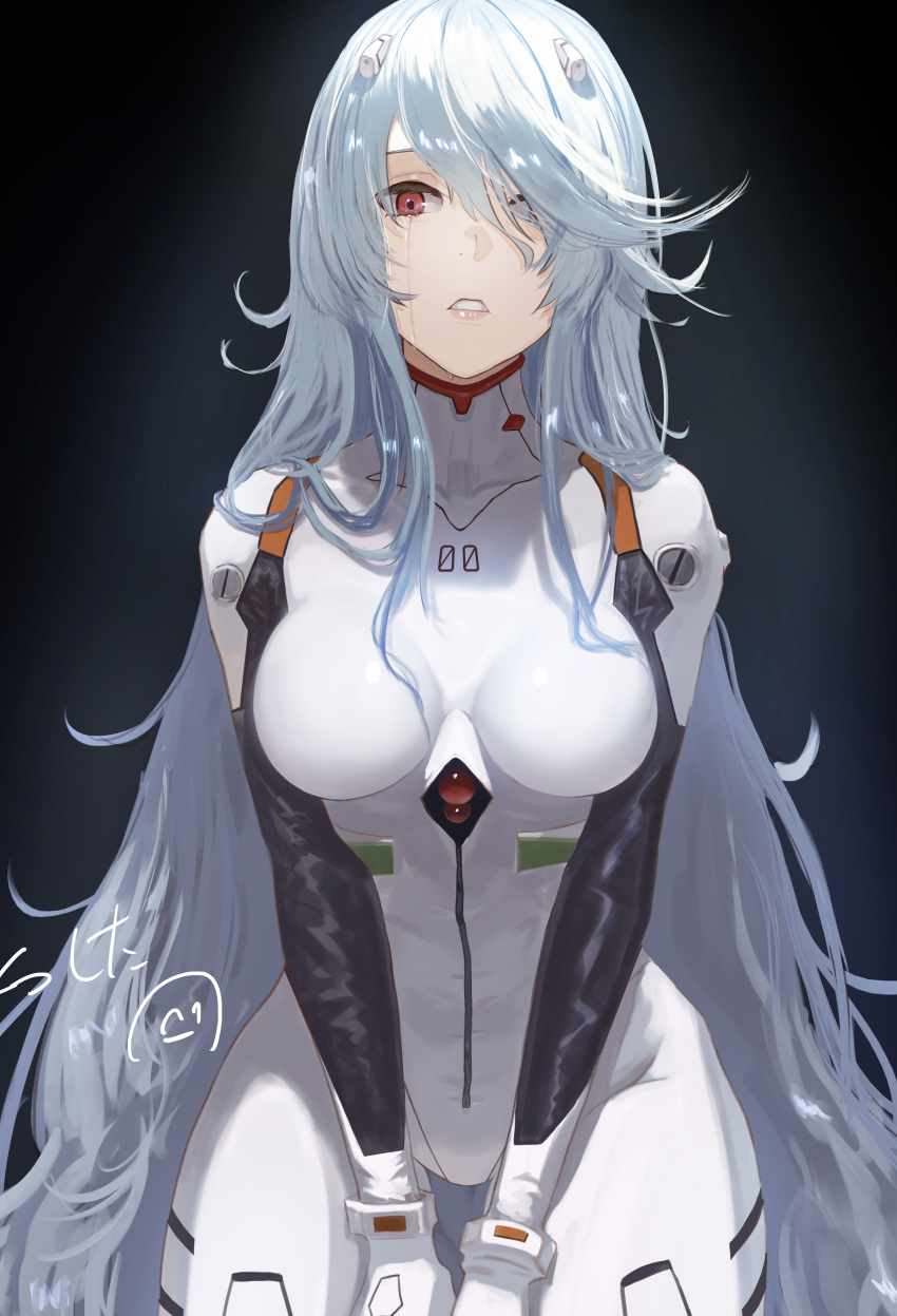 1girl, absurdres, alternate_hair_length, alternate_hairstyle, ayanami_rei, bangs, blue_hair, bodysuit
