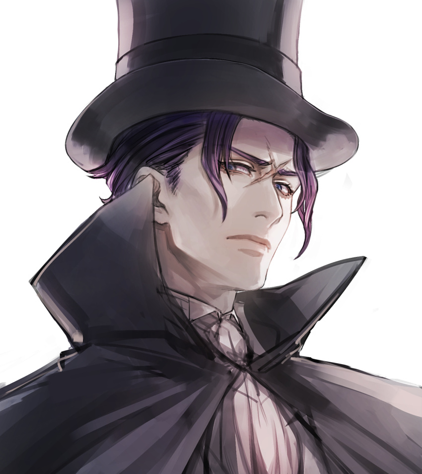 1boy, bangs, barok_van_zieks, black_cape, black_headwear, blue_eyes, cape, closed_mouth