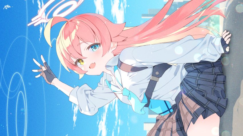 1girl, ahoge, aqua_neckwear, bangs, black_gloves, blue_archive, blue_eyes, blush