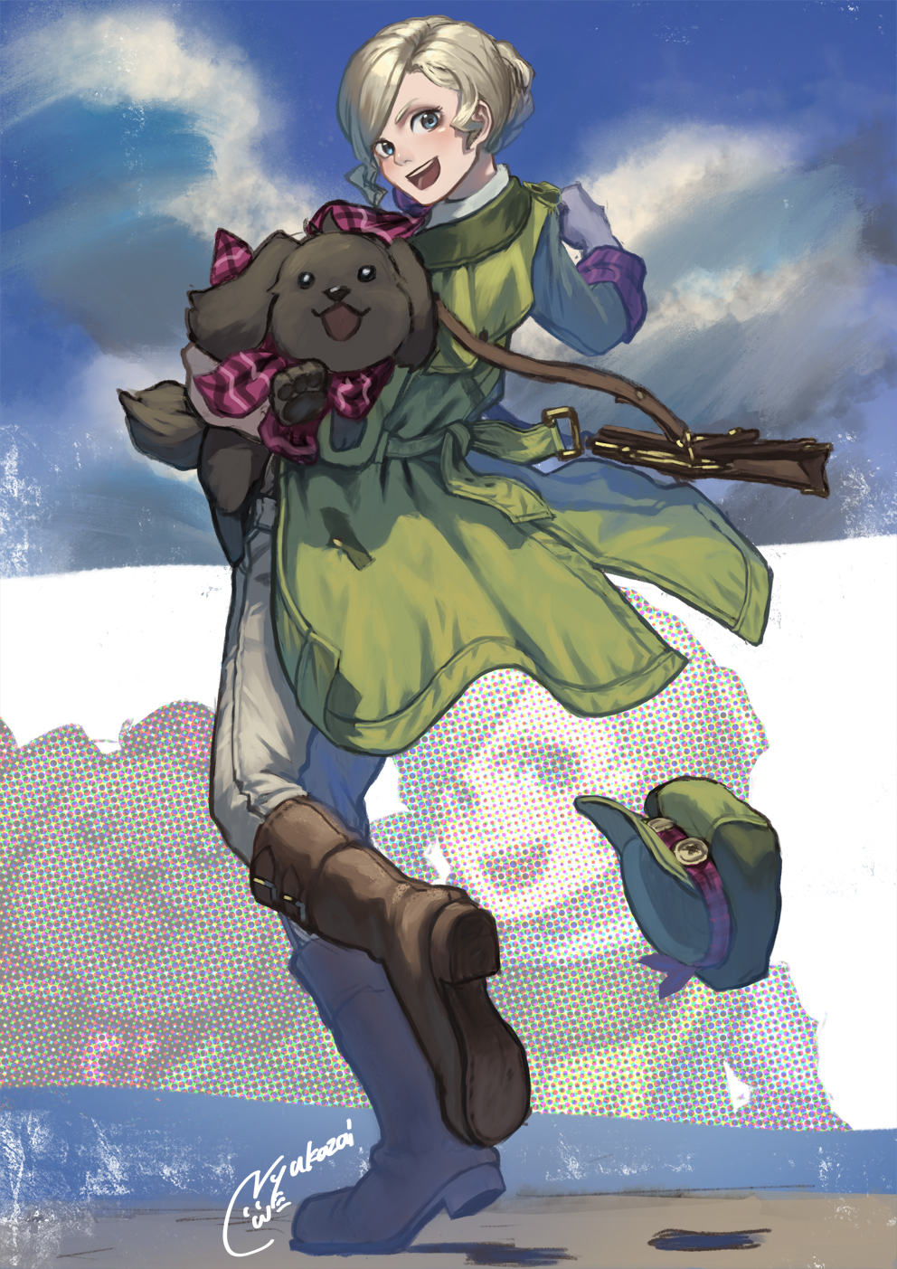 1girl, :d, animal, artist_name, bag, bangs, blonde_hair, blue_eyes