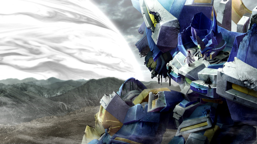 1boy, blowing, blue_armor, clouds, crack, damaged, energy_barrier, game_cg