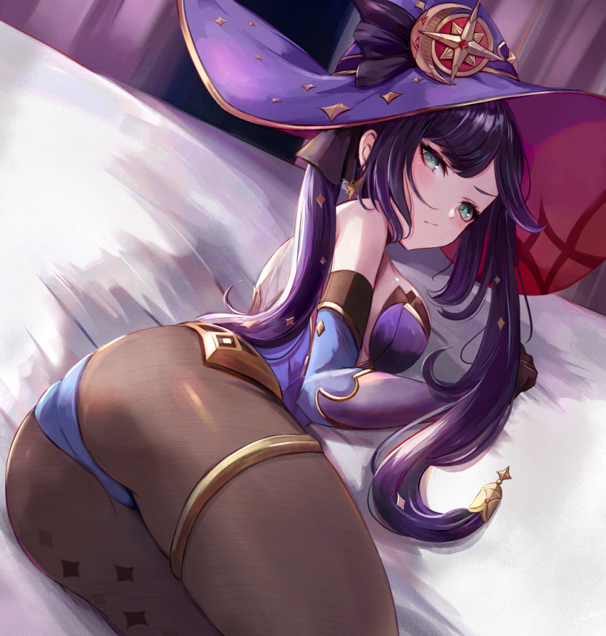 1girl, ass, bangs, bed, bed_sheet, black_gloves, black_hair, blush