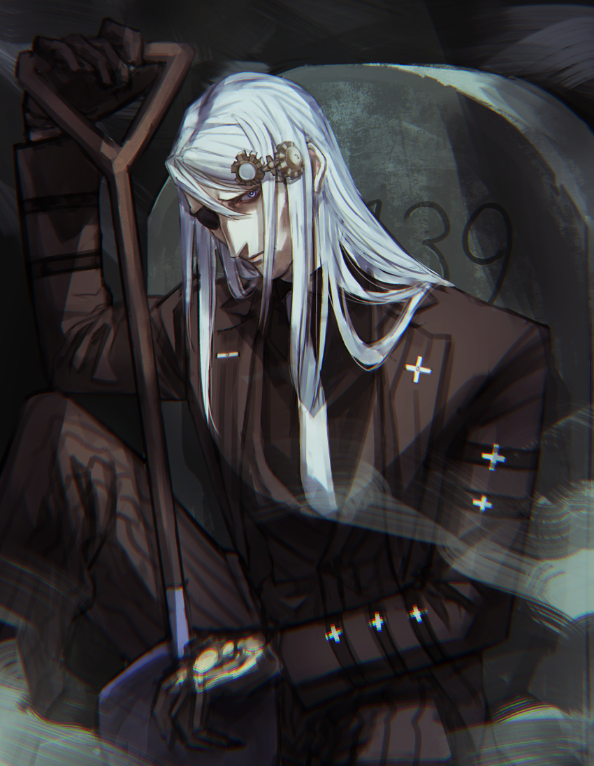 1boy, bangs, black_background, black_gloves, black_jacket, black_pants, black_shirt, blue_eyes