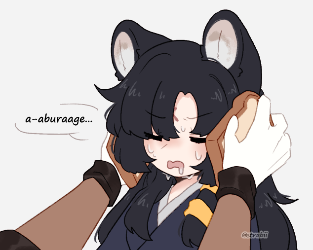 1boy, 1girl, animal_ears, arknights, black_hair, black_shirt, bread, closed_eyes, commentary, dark-skinned_male, dark_skin, dog_ears, drooling, english_commentary, eyebrows_visible_through_hair, facial_mark, food, forehead_mark, gloves, grey_background, idiot_sandwich, japanese_clothes, long_hair, meme, out_of_frame, romaji_text, saga_(arknights), shirt, simple_background, speech_bubble, strabii, sweat, thorns_(arknights), twitter_username, upper_body, white_gloves