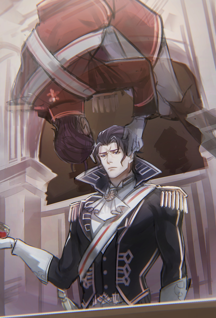 2boys, ascot, barok_van_zieks, black_hair, black_jacket, boots, closed_mouth, cup, dai_gyakuten_saiban, feet_out_of_frame, ghost, gloves, gyakuten_saiban, hand_up, highres, holding, holding_cup, indoors, jacket, klint_van_zieks, kuroda_matsurika, long_sleeves, looking_away, male_focus, multiple_boys, pants, red_jacket, scar, scar_on_face, sketch, spoilers, upper_body, upside-down, white_gloves, white_neckwear, white_pants