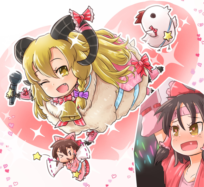 1boy, 2girls, absurdres, bangs, bell, bird, black_hair, blonde_hair