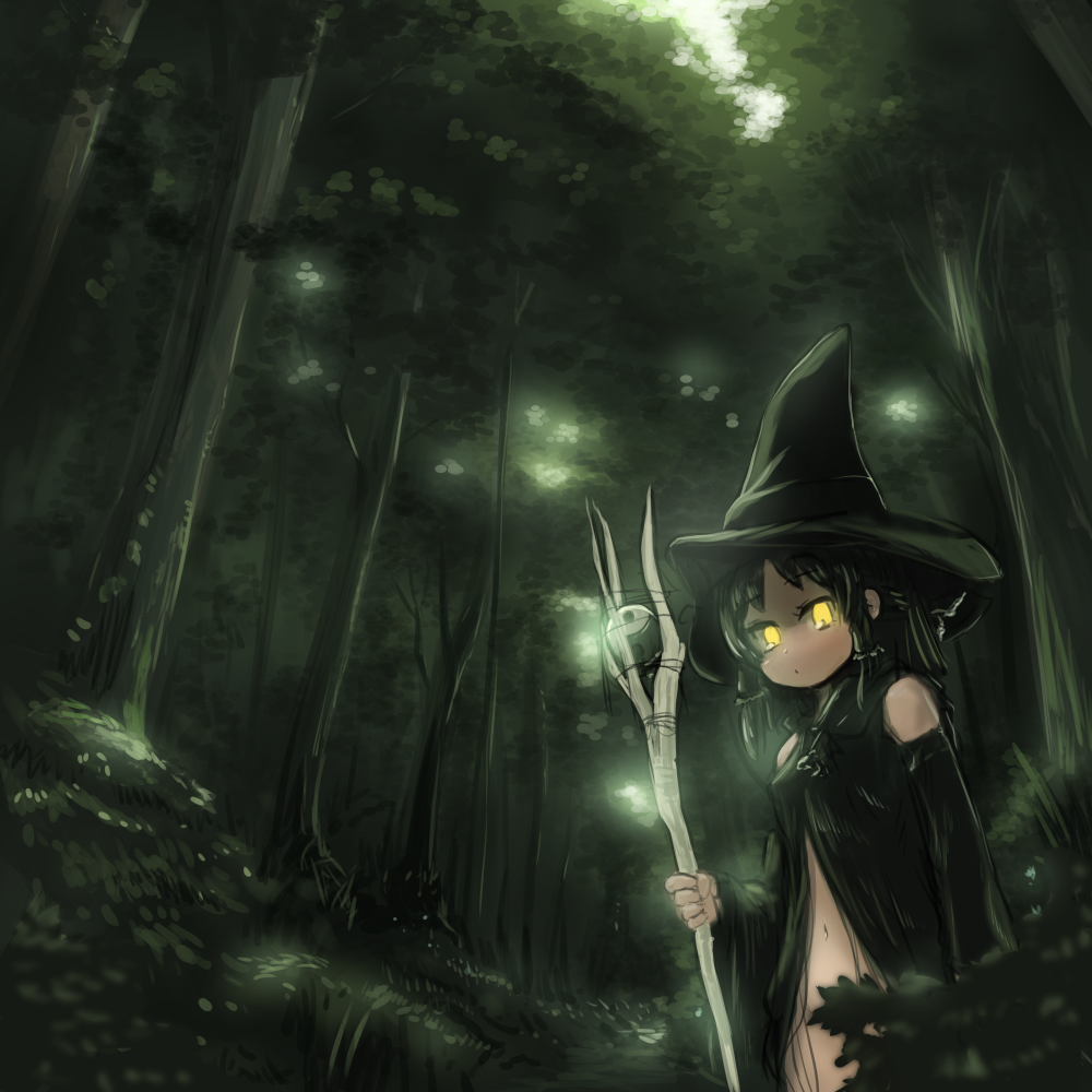1girl, alternate_costume, bangs, black_dress, black_hair, black_headwear, black_sleeves, bush