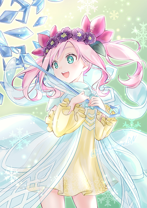 1girl, :d, character_request, chomose, detached_sleeves, dress, duel_monster, floating_hair