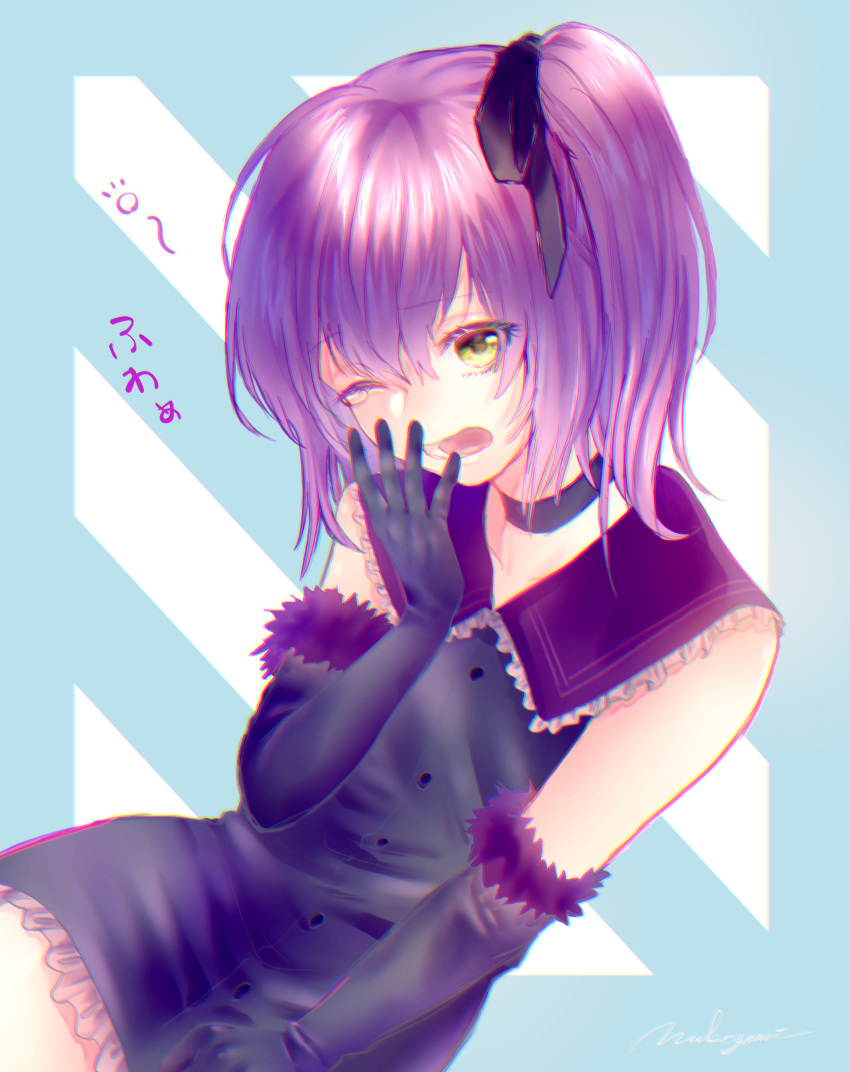 1girl, black_choker, black_dress, black_gloves, black_ribbon, blue_background, choker, collar