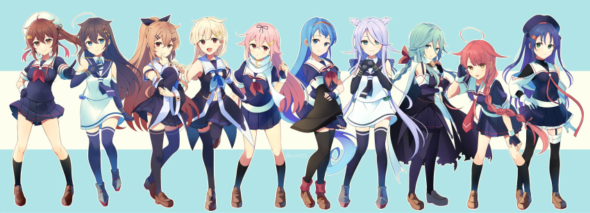 6+girls, absurdres, ahoge, asymmetrical_clothes, asymmetrical_legwear, bandages, bangs, beret