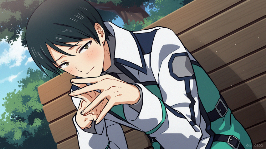 1boy, asada_hachi, bangs, banned_artist, belt, bench, black_belt, black_hair, blush, brown_eyes, closed_mouth, clouds, collared_shirt, commentary, day, dutch_angle, fingernails, fingers_together, first_high_school_uniform, green_jacket, grey_shirt, hands_up, highres, jacket, long_sleeves, looking_at_viewer, mahouka_koukou_no_rettousei, male_focus, on_bench, outdoors, park_bench, school_uniform, shadow, shirt, short_hair, sitting, sitting_on_bench, sky, solo, steepled_fingers, tree, twitter_username, watermark, yoshida_mikihiko
