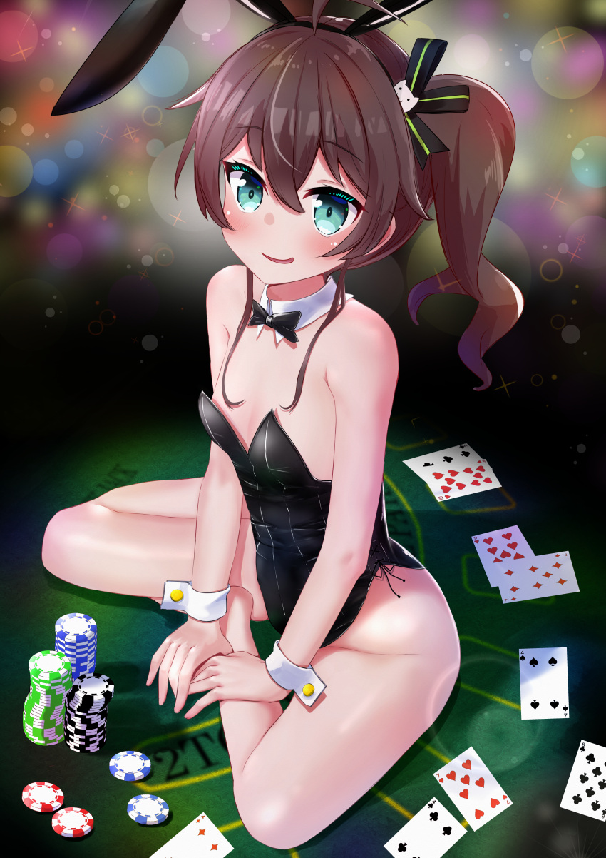 absurdres, animal_ears, bangs, bare_legs, black_leotard, black_ribbon, blackjack_table, blush, bow, bowtie, breasts, brown_hair, card, cat_hair_ornament, commentary, detached_collar, fake_animal_ears, green_eyes, hair_between_eyes, hair_ornament, hair_ribbon, highres, hololive, leotard, natsuiro_matsuri, ontake2009, open_mouth, oversized_breast_cup, playboy_bunny, playing_card, poker_chip, rabbit_ears, ribbon, short_hair, side_ponytail, sitting, sitting_on_table, small_breasts, smile, strapless, strapless_leotard, virtual_youtuber, wrist_cuffs
