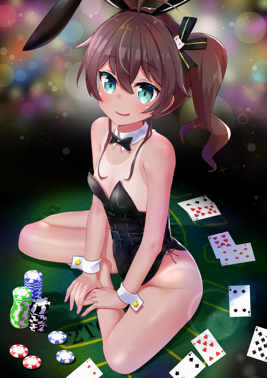 absurdres, animal_ears, bangs, bare_legs, black_leotard, black_ribbon, blackjack_table, blush