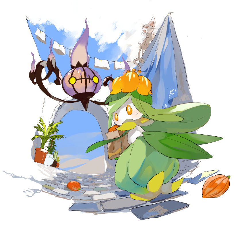 1girl, apios1, arch, bag, berry_(pokemon), blank_eyes, blue_sky, blush, cat, chandelure, closed_eyes, clothesline, clouds, colored_skin, commentary, crown, day, dropping, fang, fire, fisheye, flat_chest, floating, flower, flower_on_head, from_behind, full_body, gen_4_pokemon, gen_5_pokemon, glameow, green_hair, highres, holding, holding_bag, laundry, lilligant, long_hair, looking_back, mini_crown, monster_girl, no_mouth, occa_berry, on_wall, open_mouth, orange_eyes, orange_flower, outdoors, paper_bag, plant, plant_girl, pokemon, pokemon_(creature), potted_plant, purple_fire, shopping_bag, sidelocks, sky, standing, sweat, very_long_hair, walking, white_skin, yawning, yellow_eyes, yellow_headwear