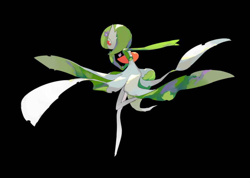 1girl, apios1, arm_up, bangs, black_background, bob_cut, colored_skin, commentary, dappled_sunlight, flat_chest, flower, from_behind, full_body, gardevoir, gen_3_pokemon, green_hair, green_skin, hair_flower, hair_ornament, hand_up, highres, leg_up, multicolored, multicolored_skin, outstretched_arm, petals, pink_flower, pokemon, pokemon_(creature), purple_flower, red_eyes, short_hair, simple_background, solo, standing, standing_on_one_leg, sunlight, two-tone_skin, white_skin