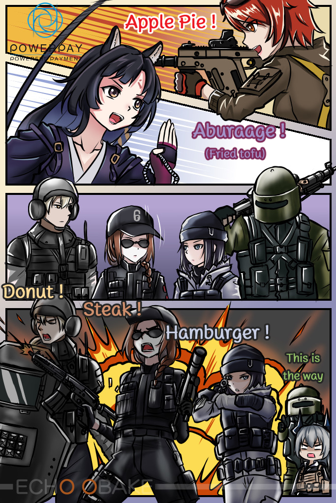 2boys, 5girls, animal_ears, arknights, artist_name, ash_(rainbow_six_siege), assault_rifle, baseball_cap