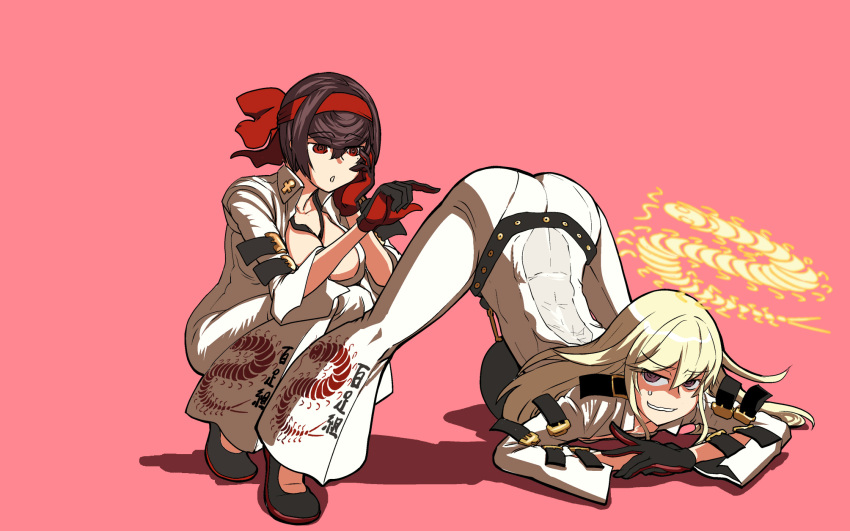 2girls, blonde_hair, blush, bow, bug, centipede, cosplay, eyebrows_visible_through_hair
