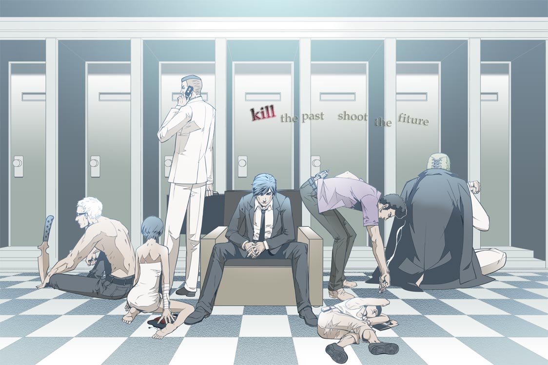 cellphone, con_smith, coyote_smith, dan_smith, english, engrish, error, everyone, formal, garcian_smith, glasses, gun, handgun, kaede_smith, kevin_smith, killer7, knife, komaq, mask, mask_de_smith, necktie, phone, ranguage, revolver, shirtless, sitting, suit, sunglasses, typo, weapon