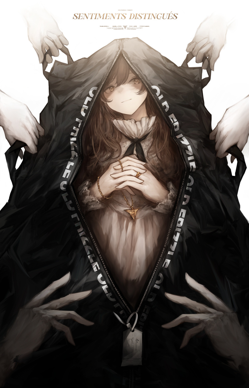 1girl, absurdres, bag, bangs, black_neckwear, brown_eyes, brown_hair, closed_mouth