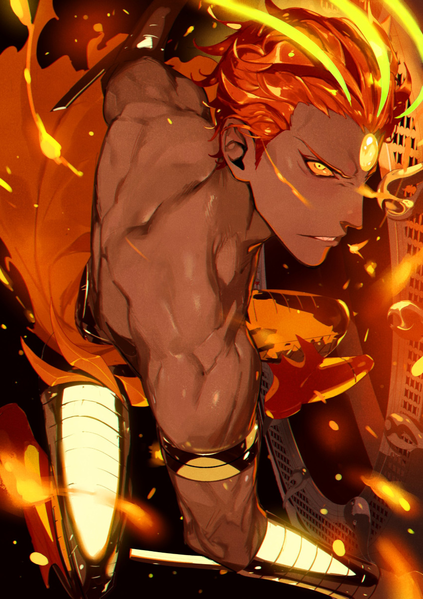1boy, absurdres, ashwatthama_(fate), clenched_teeth, colored_sclera, dark-skinned_male, dark_skin, fate/grand_order