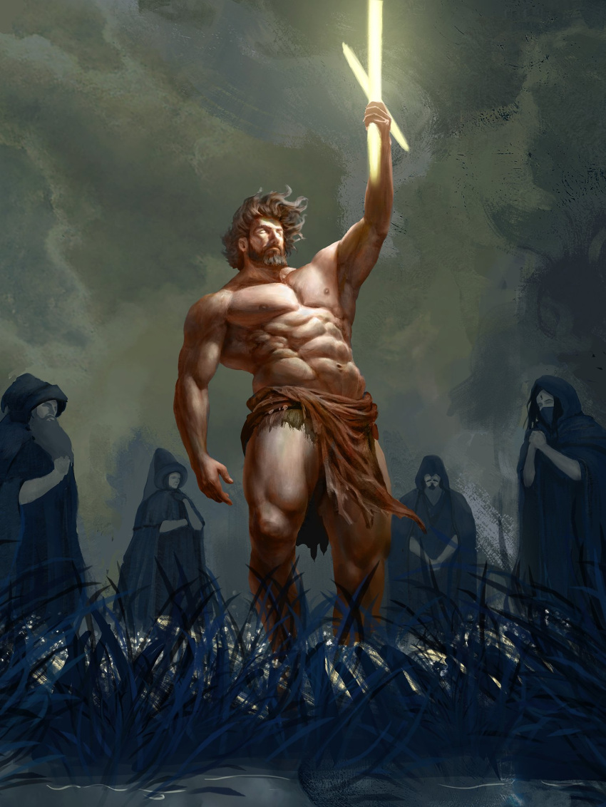 1boy, 2girls, 3boys, abs, bare_pectorals, beard, brown_hair, chens_art