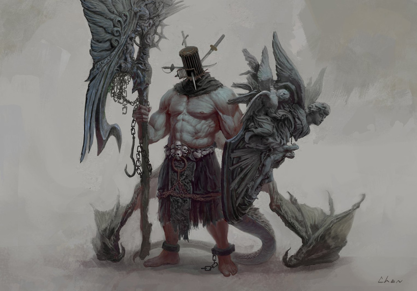 1boy, abs, axe, bare_pectorals, biceps, chain, chens_art, cuffs, dragon_boy, dragon_tail, dragon_wings, faux_traditional_media, full_body, helmet, holding, holding_axe, holding_shield, huge_weapon, impaled, large_pectorals, male_focus, muscular, muscular_male, navel, nipples, original, pectorals, realistic, shield, skull, solo, stomach, tail, veins, weapon, wings
