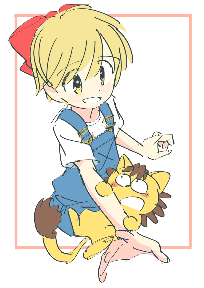1girl, :d, bad_id, bad_pawoo_id, bangs, blonde_hair, blue_overalls, blush_stickers