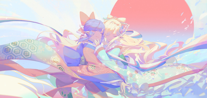 2girls, bangs, black_bow, black_hair, blonde_hair, blue_eyes, bow, closed_eyes, floating_hair, fuyumitsu, hair_behind_ear, highres, hug, huge_bow, japanese_clothes, kimono, long_hair, multiple_girls, original, pointy_ears, red_bow, smile, very_long_hair, wide_sleeves, yuri