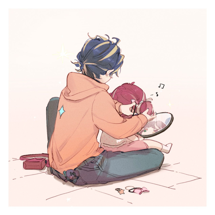 1boy, 1girl, astel_leda, blonde_hair, blue_hair, blue_pants, bow, double_bun, fuyumitsu, green_eyes, heterochromia, highres, hololive, hololive_indonesia, holostars, hood, hoodie, kureiji_ollie, mirror, multicolored_hair, musical_note, orange_hoodie, pants, pink_bow, redhead, sitting, sitting_on_lap, sitting_on_person, spoken_musical_note, streaked_hair, tying_hair, virtual_youtuber, yellow_eyes, younger